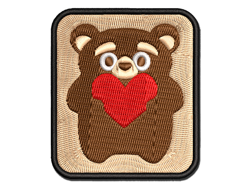 Cautious Bear with Heart in Hands Multi-Color Embroidered Iron-On or Hook & Loop Patch Applique