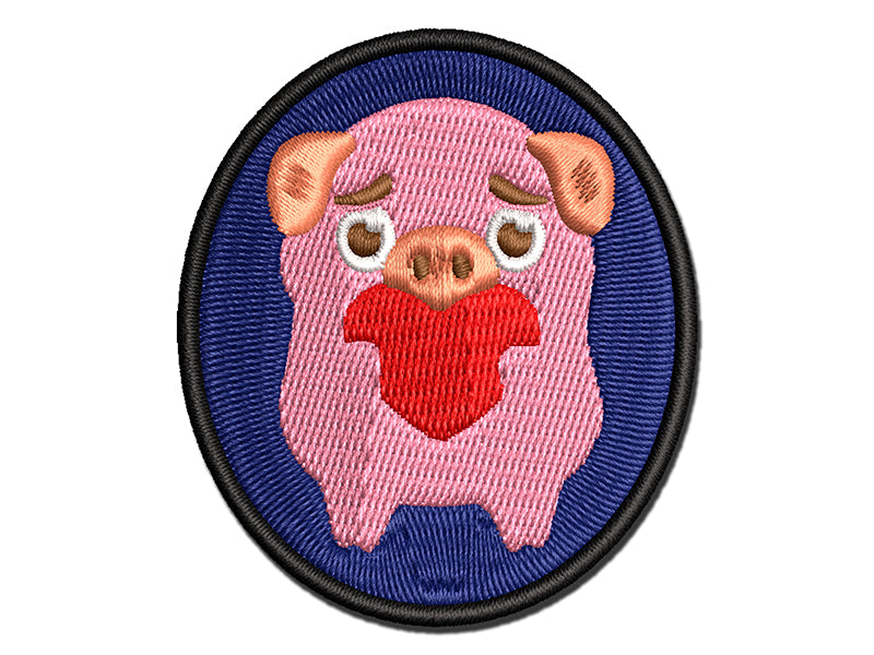 Cautious Pig with Heart in Hands Multi-Color Embroidered Iron-On or Hook & Loop Patch Applique