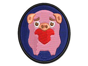 Cautious Pig with Heart in Hands Multi-Color Embroidered Iron-On or Hook & Loop Patch Applique