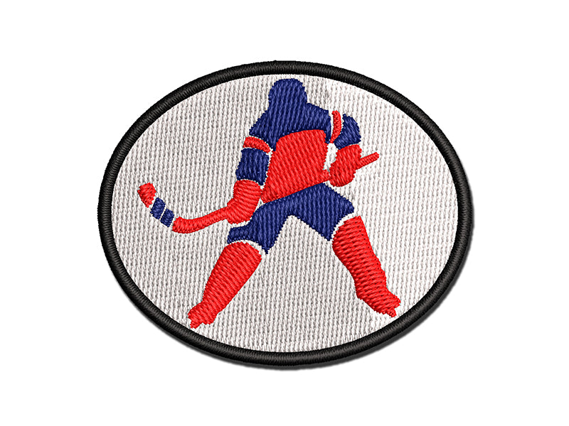 Hockey Player Holding Hockey Stick Multi-Color Embroidered Iron-On or Hook & Loop Patch Applique