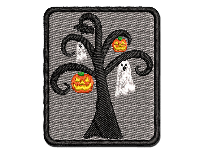 Halloween Tree Ghost Bat Jack-O'-Lantern Multi-Color Embroidered Iron-On or Hook & Loop Patch Applique