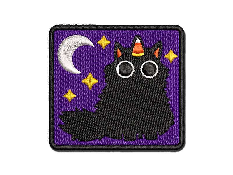 Fluffy Black Cat with Candy Corn Unicorn Horn Halloween Multi-Color Embroidered Iron-On or Hook & Loop Patch Applique