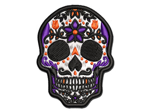 Dia De Los Muertos Mexican Sugar Skull with Flowers Day of the Dead Multi-Color Embroidered Iron-On or Hook & Loop Patch Applique