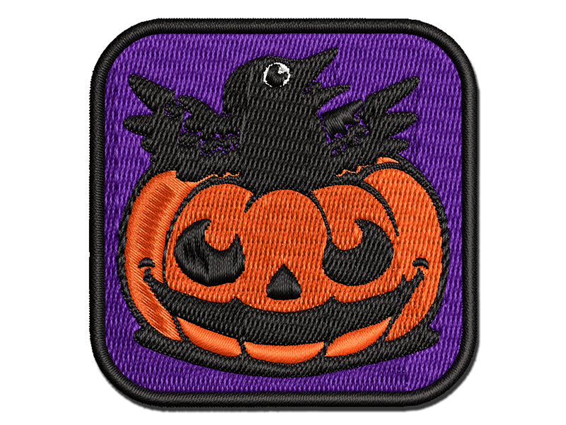 Little Raven Crow in Jack-O'-Lantern Pumpkin Halloween Multi-Color Embroidered Iron-On or Hook & Loop Patch Applique
