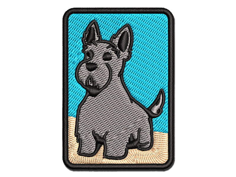 Scottish Terrier Dog Sitting Multi-Color Embroidered Iron-On or Hook & Loop Patch Applique