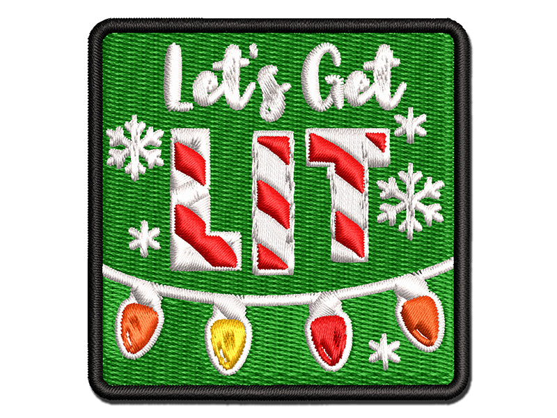 Let's Get Lit Christmas Lights Pun Multi-Color Embroidered Iron-On or Hook & Loop Patch Applique