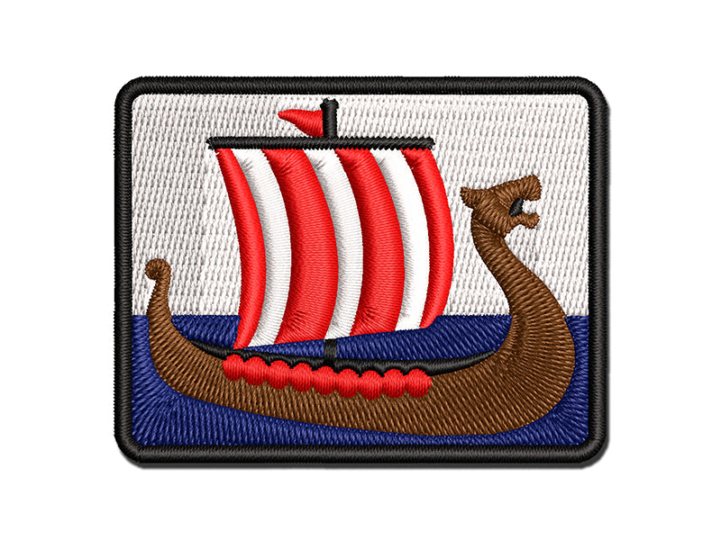 Viking Dragon Longboat Ship Multi-Color Embroidered Iron-On or Hook & Loop Patch Applique