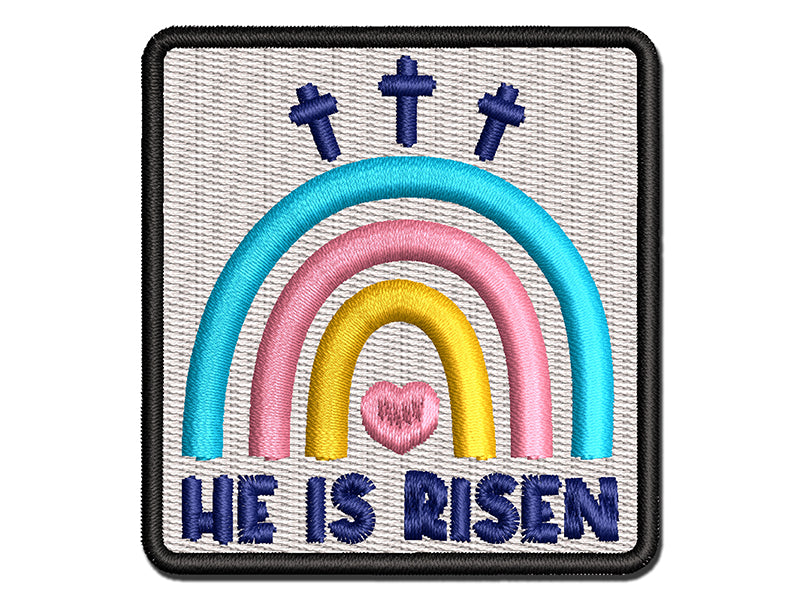 Easter Rainbow He is Risen Three Crosses Multi-Color Embroidered Iron-On or Hook & Loop Patch Applique