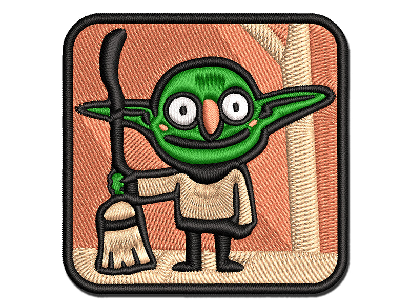 Creepy Goblin With Witch Broomstick Multi-Color Embroidered Iron-On or Hook & Loop Patch Applique