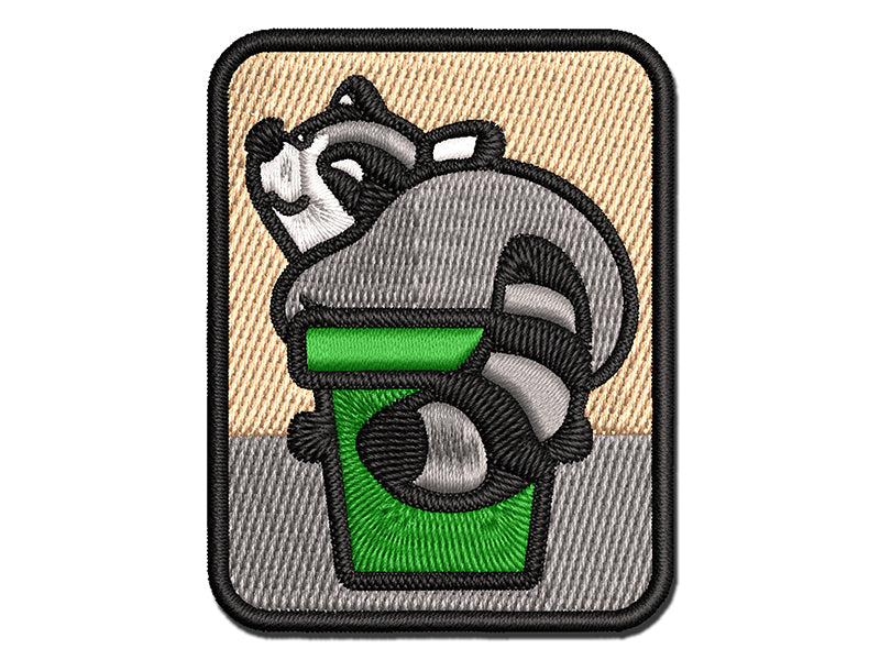 Fat Raccoon Sitting in Trash Can Multi-Color Embroidered Iron-On or Hook & Loop Patch Applique