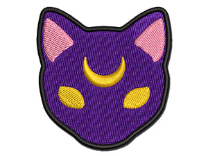 Witch Cat Head with Moon on Forehead Multi-Color Embroidered Iron-On or Hook & Loop Patch Applique