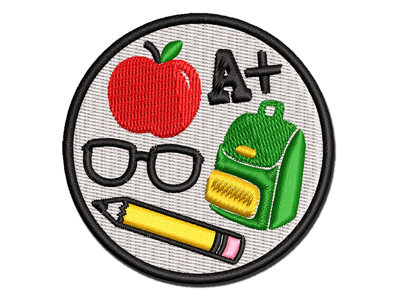 School Backpack Pencils Glasses Apple Multi-Color Embroidered Iron-On or Hook & Loop Patch Applique