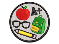 School Backpack Pencils Glasses Apple Multi-Color Embroidered Iron-On or Hook & Loop Patch Applique