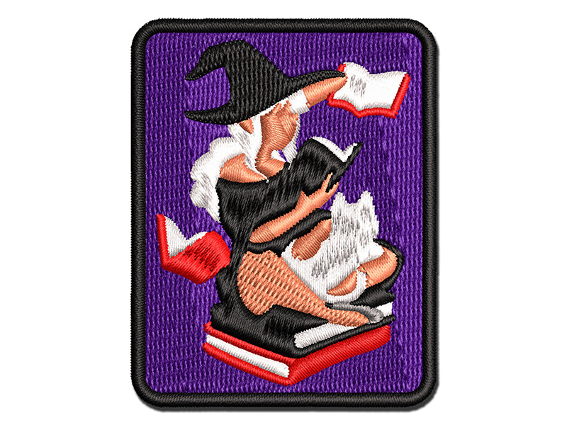 Studious Witch Reading Books with Cat Halloween Multi-Color Embroidered Iron-On or Hook & Loop Patch Applique