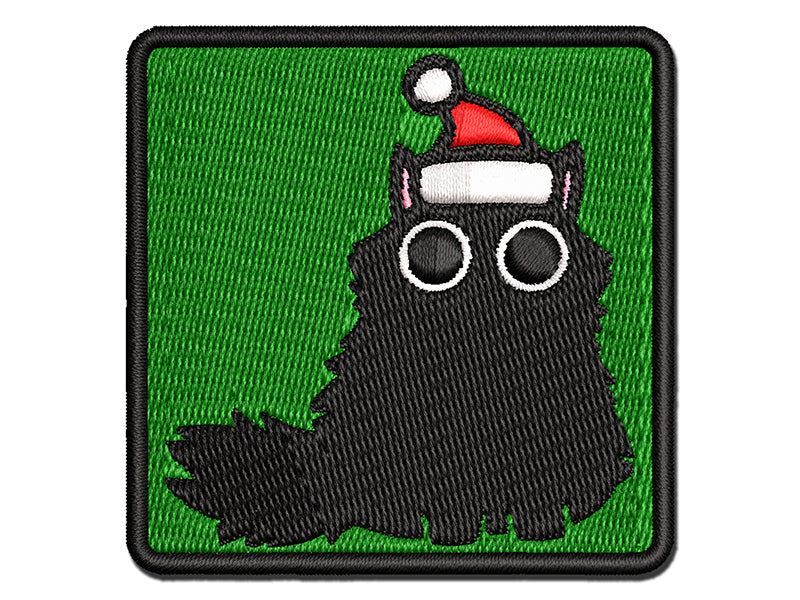 Fluffy Black Cat Santa Hat Christmas Multi-Color Embroidered Iron-On or Hook & Loop Patch Applique