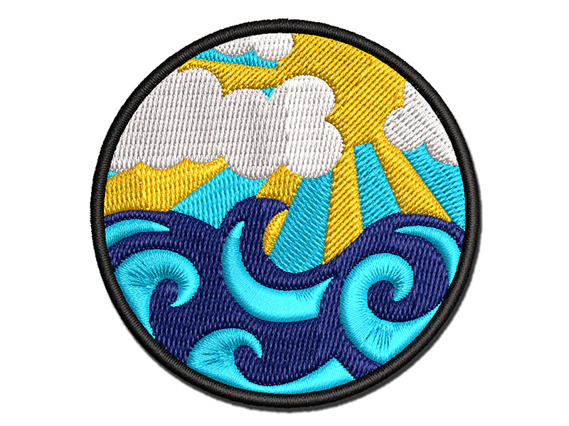 Sun Clouds and Ocean Waves Multi-Color Embroidered Iron-On or Hook & Loop Patch Applique