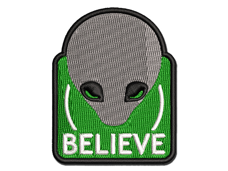 Believe Gray Alien Head Multi-Color Embroidered Iron-On or Hook & Loop Patch Applique