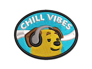 Chill Vibes Dog with Headphones Multi-Color Embroidered Iron-On or Hook & Loop Patch Applique