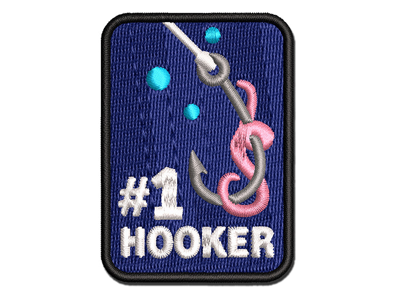 Number 1 Hooker Fishing Hook Bait Worm Multi-Color Embroidered Iron-On or Hook & Loop Patch Applique