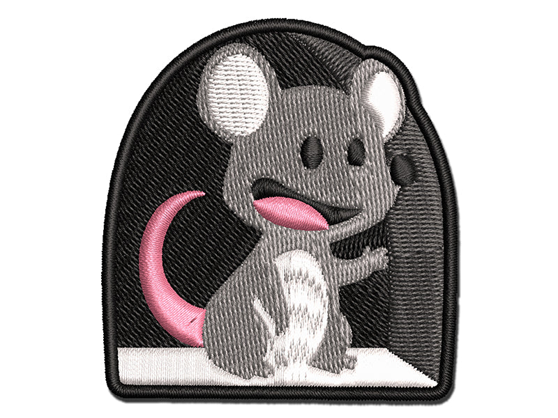 Mouse Waving From Hole Multi-Color Embroidered Iron-On or Hook & Loop Patch Applique