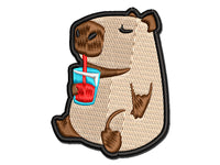 Chill Capybara Drinking Juice Multi-Color Embroidered Iron-On or Hook & Loop Patch Applique