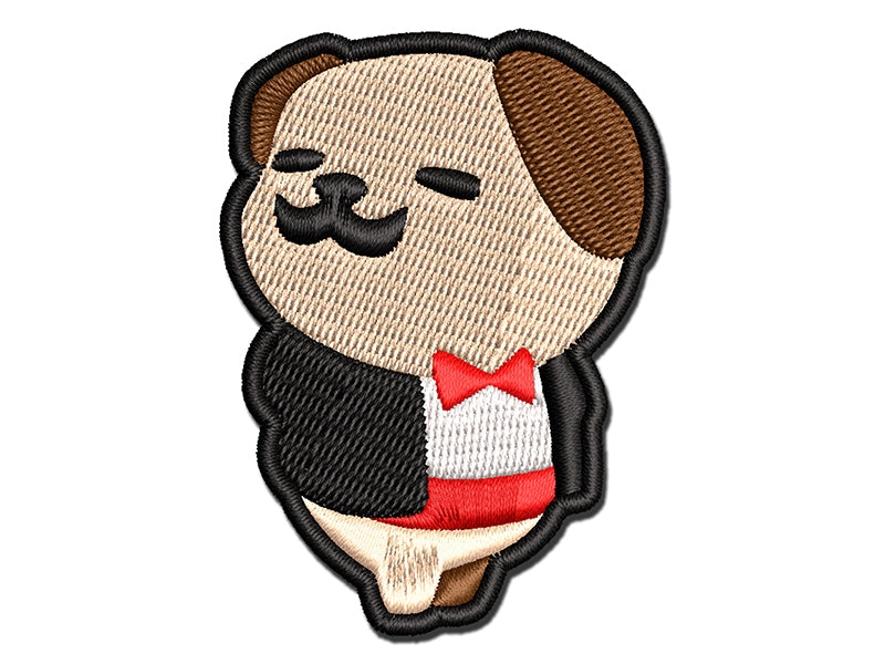 Gentleman Pug with Tuxedo Bowtie Multi-Color Embroidered Iron-On or Hook & Loop Patch Applique