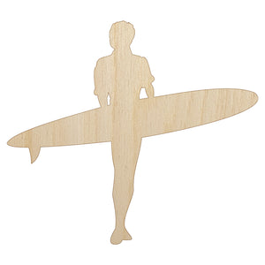 Surfer Surfing Walking with Surfboard Silhouette Unfinished Wood Shape Piece Cutout for DIY Craft Projects