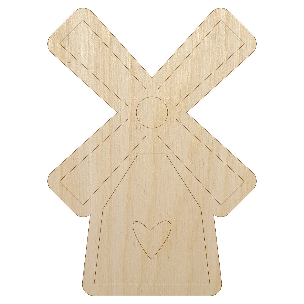 Windmill with Heart Netherlands Holland Unfinished Wood Shape Piece Cutout for DIY Craft Projects