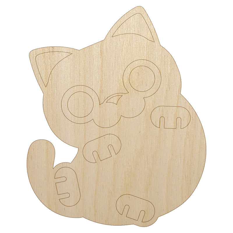 Round Cat Playful Unfinished Wood Shape Piece Cutout for DIY Craft Projects