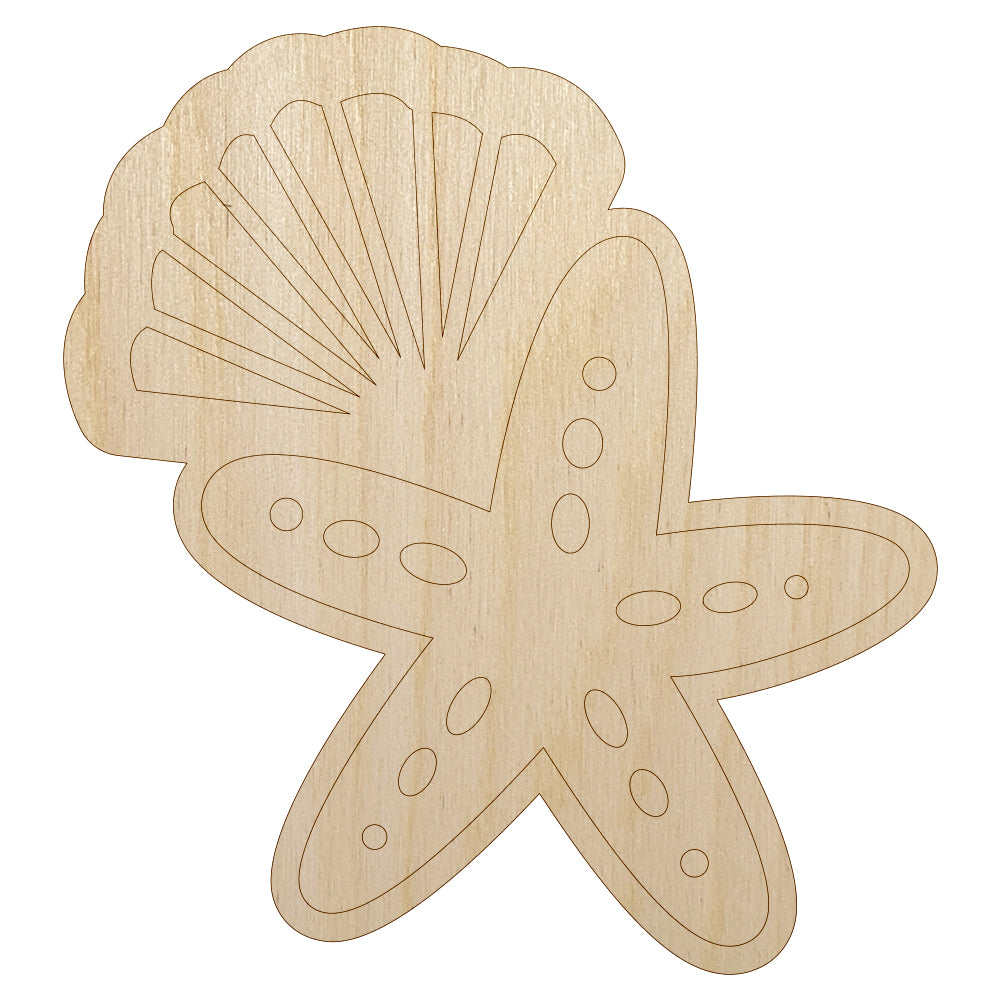 Starfish and Shell Beach Tropical Doodle Unfinished Wood Shape Piece Cutout for DIY Craft Projects