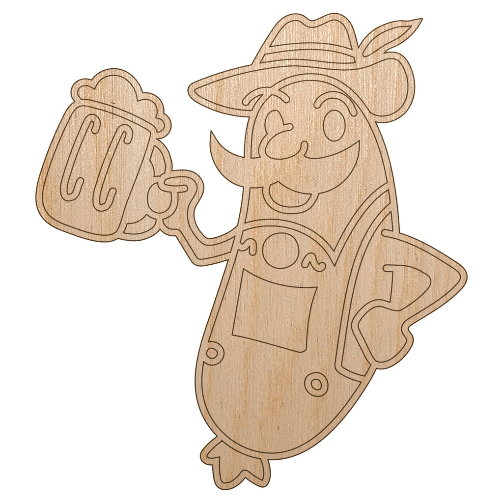 Oktoberfest Bratwurst in Lederhosen with Beer Unfinished Wood Shape Piece Cutout for DIY Craft Projects