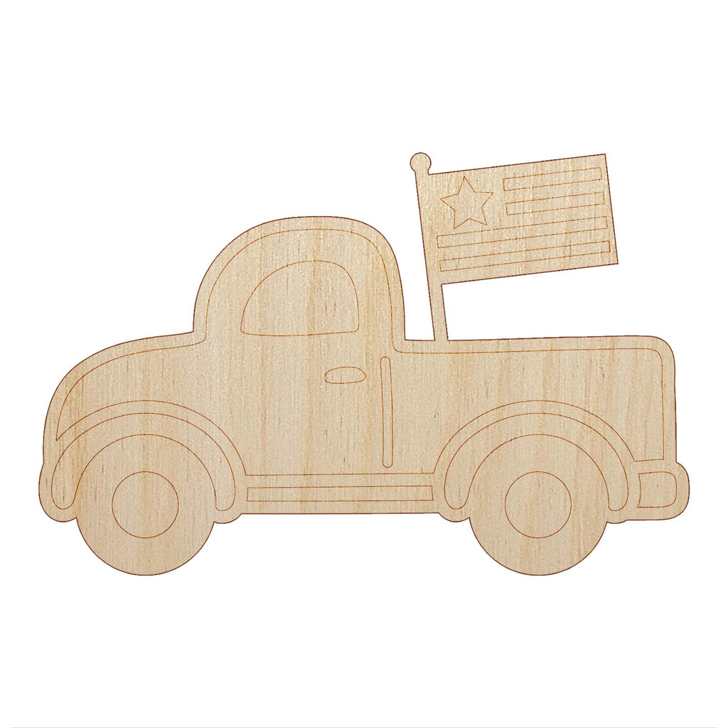 Cute Truck with Flag Unfinished Wood Shape Piece Cutout for DIY Craft Projects