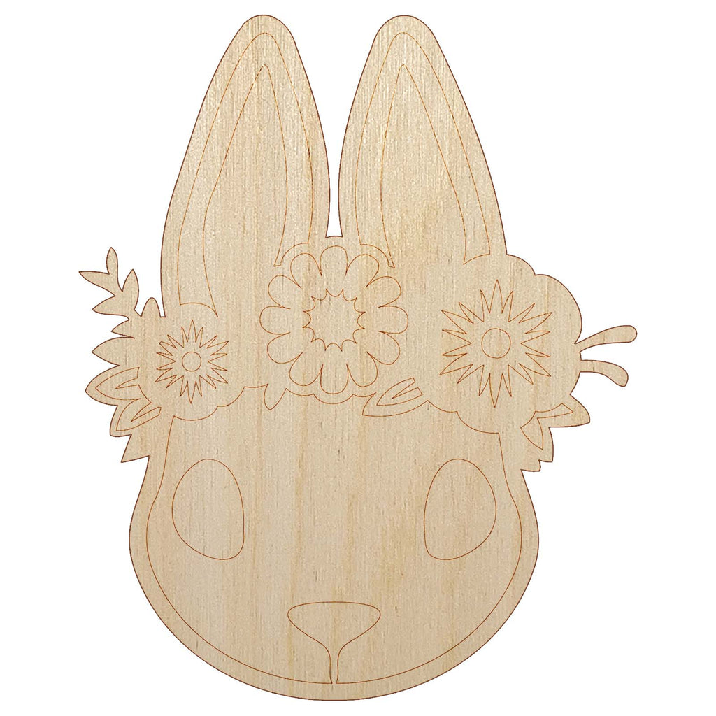 Cute Easter Bunny Rabbit Head with Flower Crown Unfinished Wood Shape Piece Cutout for DIY Craft Projects