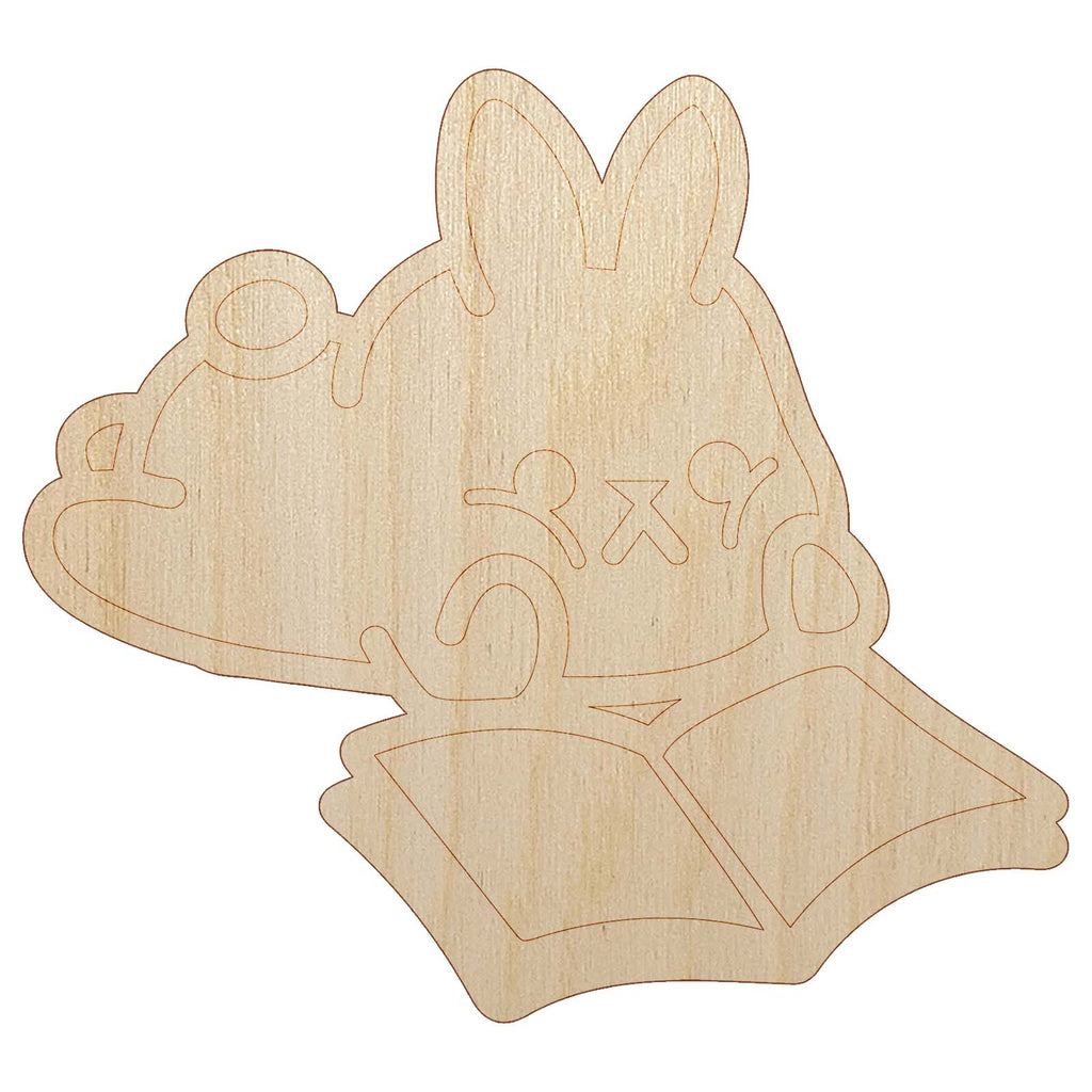 Cute Kawaii Bunny Rabbit Reading Studying for School Unfinished Wood Shape Piece Cutout for DIY Craft Projects