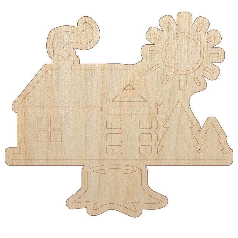 Log Cabin in the Woods Unfinished Wood Shape Piece Cutout for DIY Craft Projects