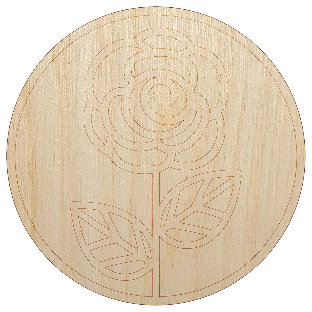 Rose Flower in Circle Unfinished Wood Shape Piece Cutout for DIY Craft Projects