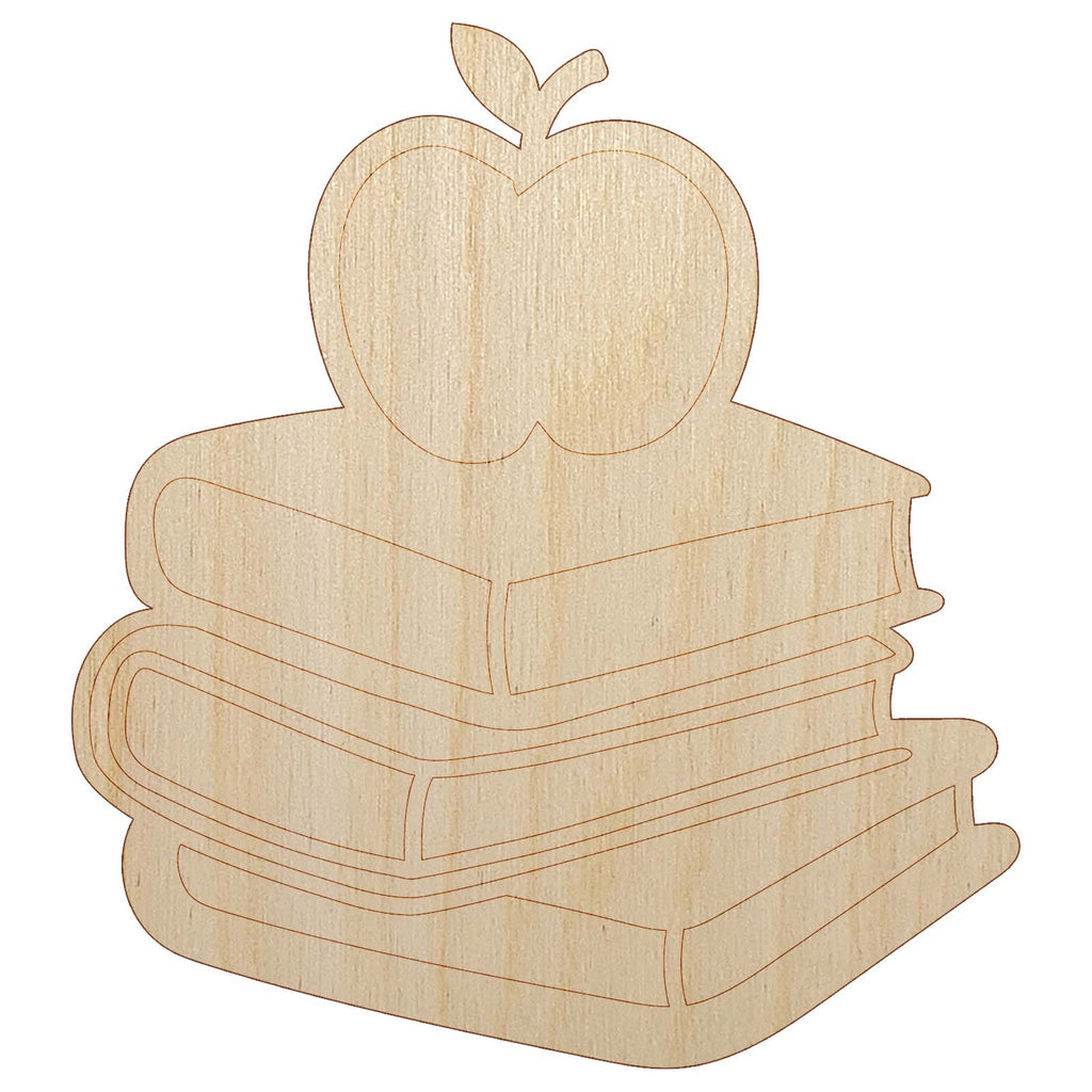 Apple on Stack of Books Reading Library Teacher Unfinished Wood Shape Piece Cutout for DIY Craft Projects