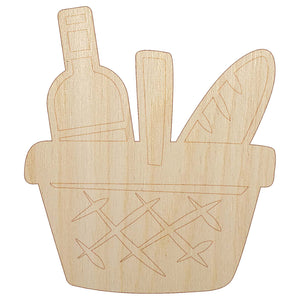 Picnic Basket Wine and Bread Unfinished Wood Shape Piece Cutout for DIY Craft Projects