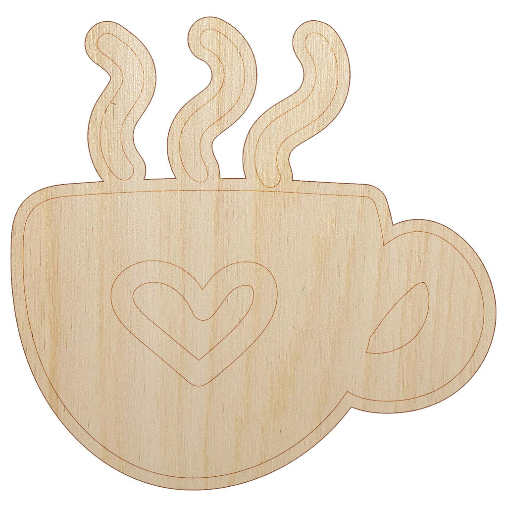 Steaming Hot Coffee Mug Cup with Heart Unfinished Wood Shape Piece Cutout for DIY Craft Projects