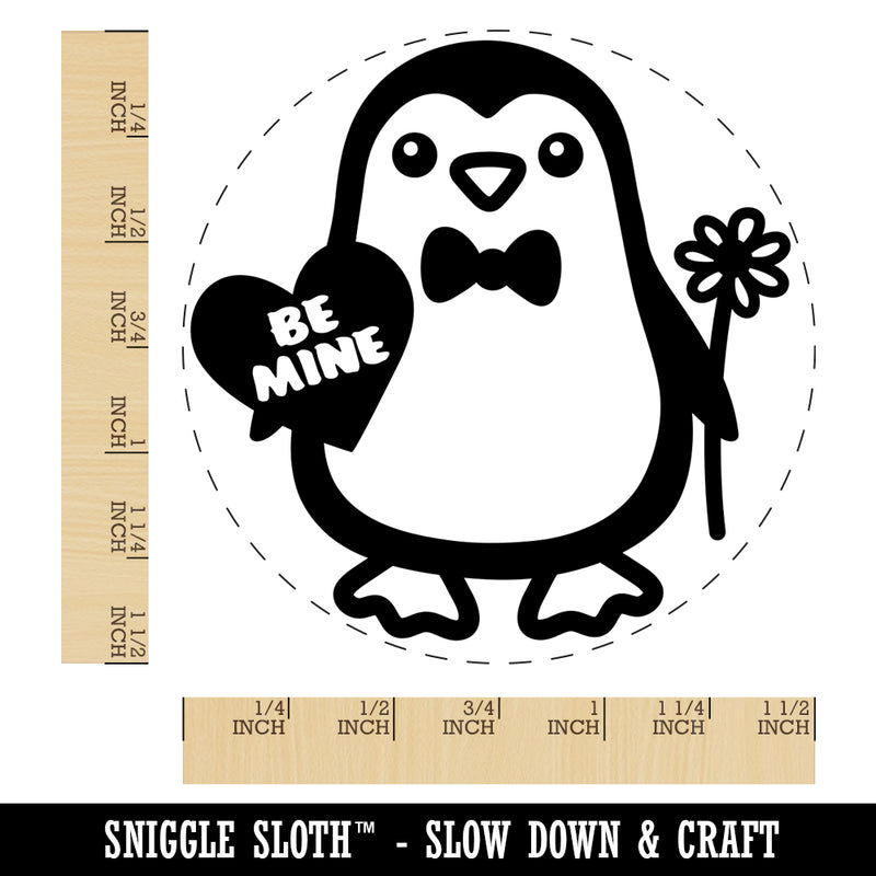 Penguin with Heart and Flower Valentine Self-Inking Rubber Stamp for Stamping Crafting Planners