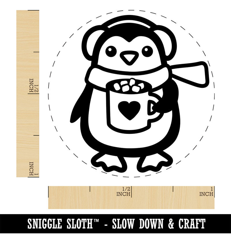 Winter Penguin with Hot Chocolate Heart Mug Self-Inking Rubber Stamp for Stamping Crafting Planners