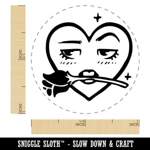 Flirty Heart Face with Rose in Teeth Mouth Rubber Stamp for Stamping Crafting Planners