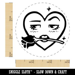 Flirty Heart Face with Rose in Teeth Mouth Rubber Stamp for Stamping Crafting Planners
