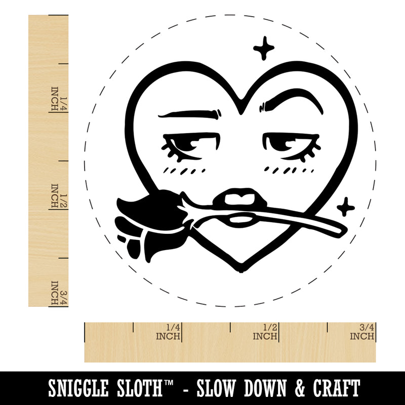 Flirty Heart Face with Rose in Teeth Mouth Rubber Stamp for Stamping Crafting Planners