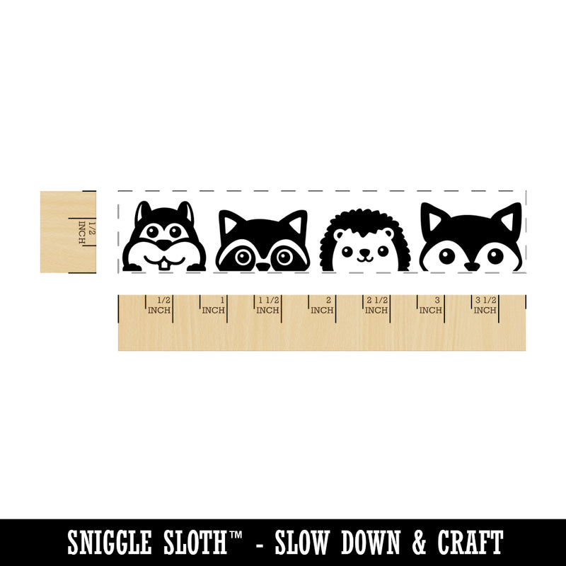 Peeking Woodland Creatures Chipmunk Raccoon Hedgehog Fox Rectangle Rubber Stamp for Stamping Crafting