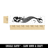 Elegant Mermaid Swimming in Ocean with Fish Rectangle Rubber Stamp for Stamping Crafting