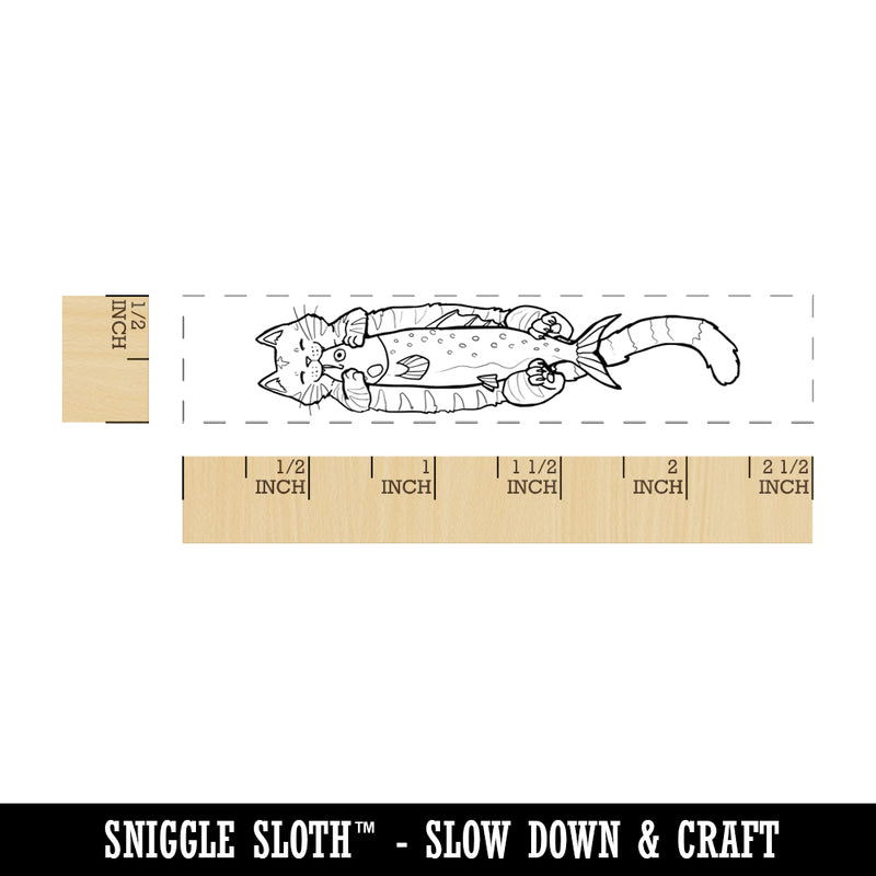Long Cat Eating Big Fish Rectangle Rubber Stamp for Stamping Crafting