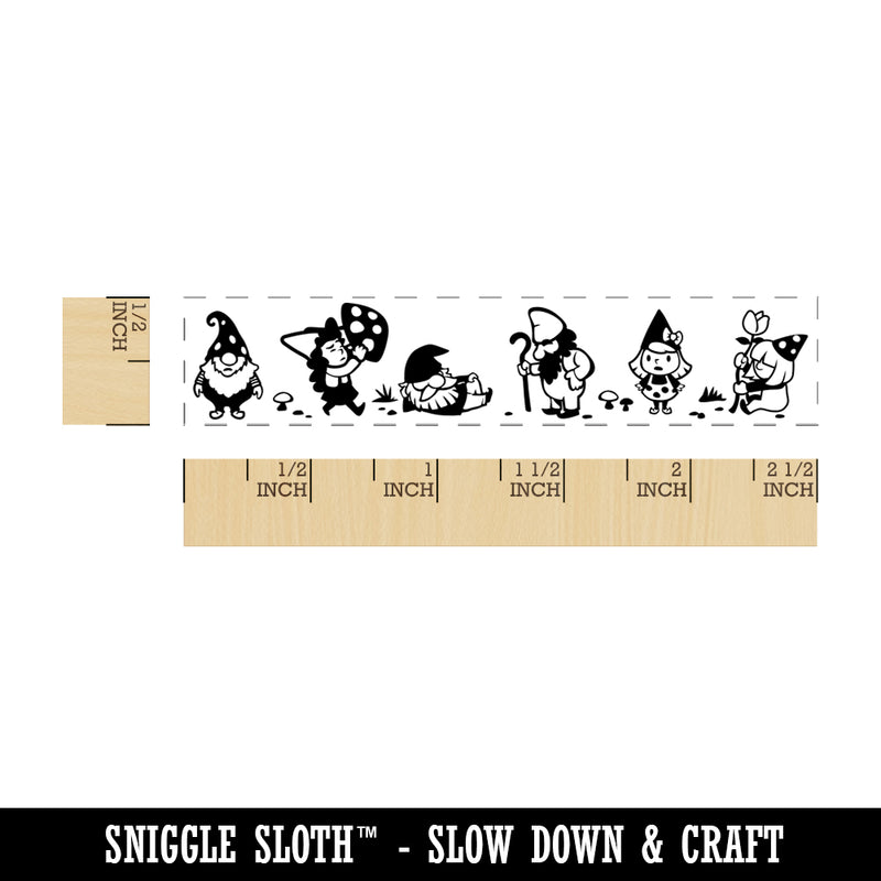 Whimsical Row of Cute Garden Gnomes Rectangle Rubber Stamp for Stamping Crafting