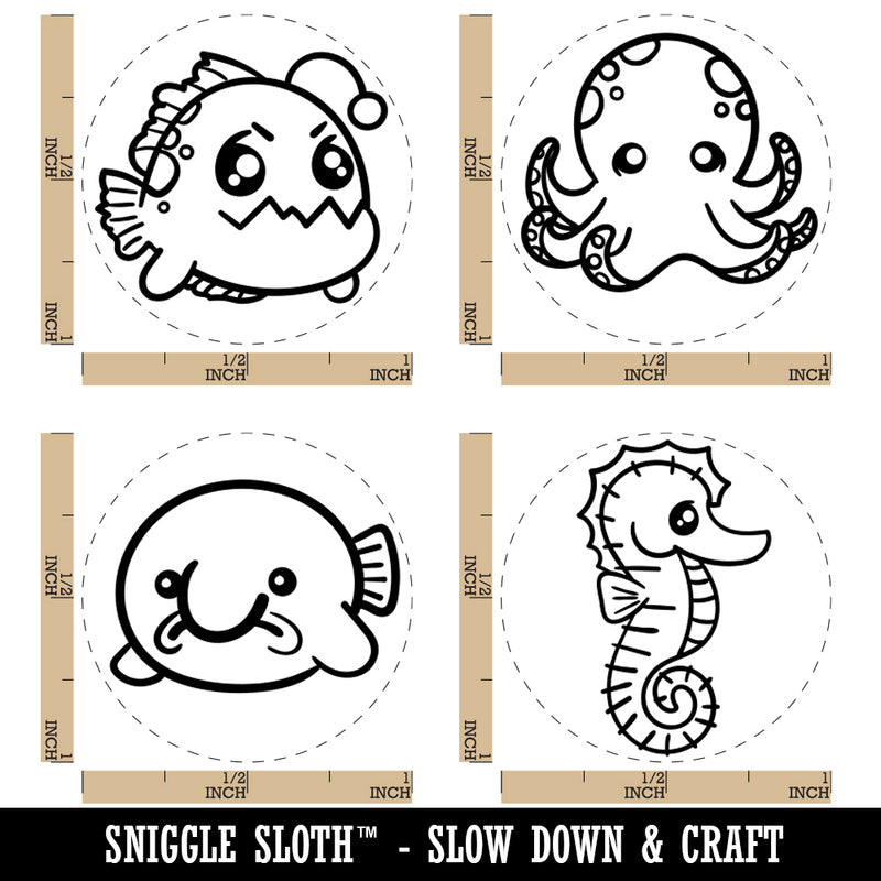 Kawaii Ocean Octopus Anglerfish Seahorse Blobfish Rubber Stamp Set for Stamping Crafting Planners