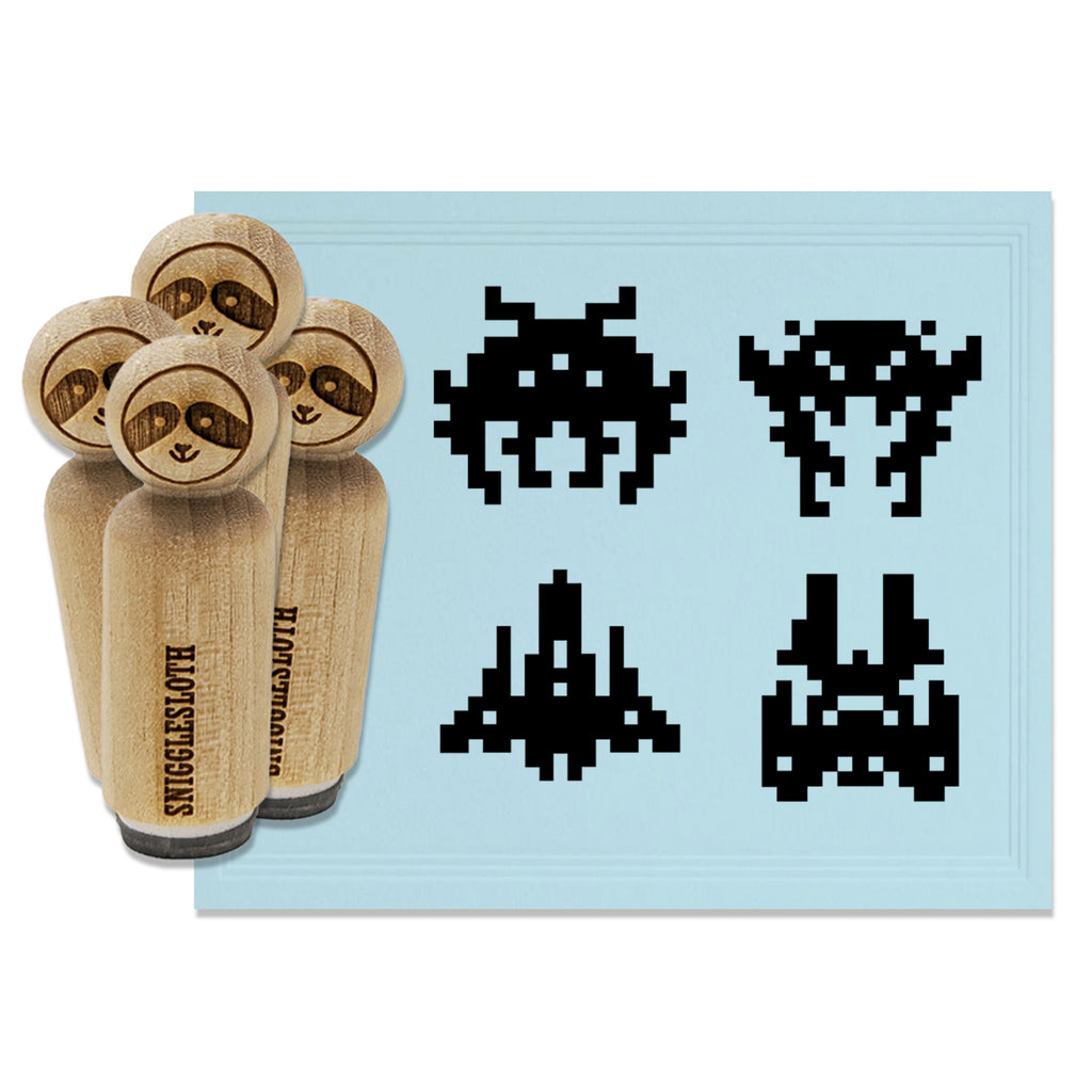 Retro Gaming Invaders Aliens from Space Rocket Ship Rubber Stamp Set for Stamping Crafting Planners